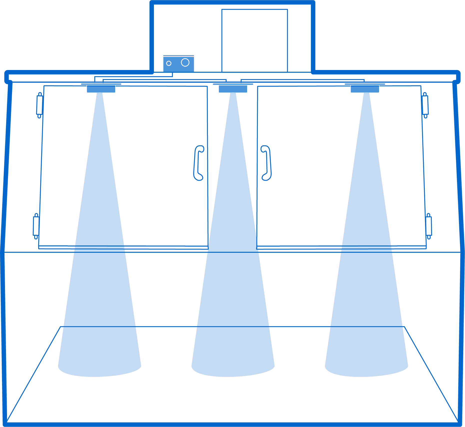 LIDAR sensors mounted inside an ice merchandiser showing coverage zones for fill-level monitoring